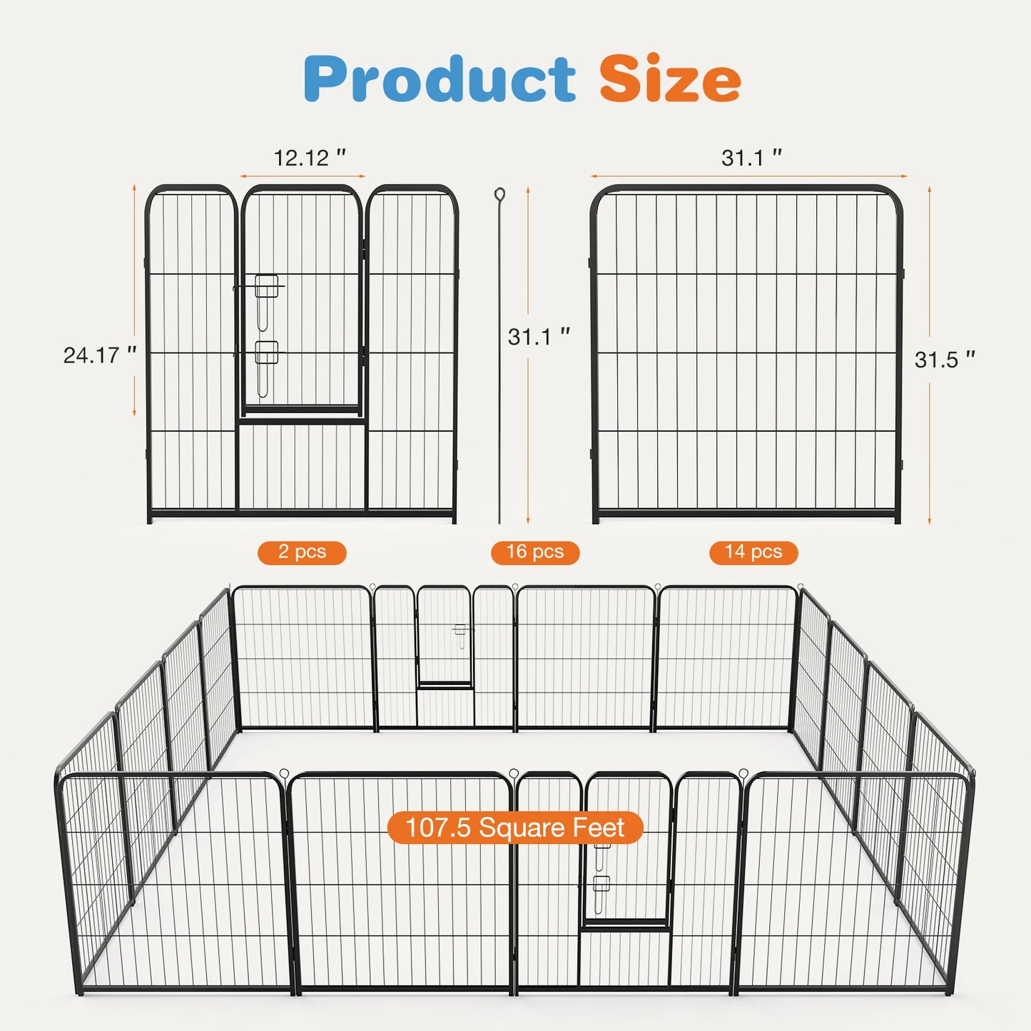 16 Panel Dog Playpen Indoor Pet Fence Exercise Yard Gate Heavy Duty Crates with Doors Metal Dog Pen