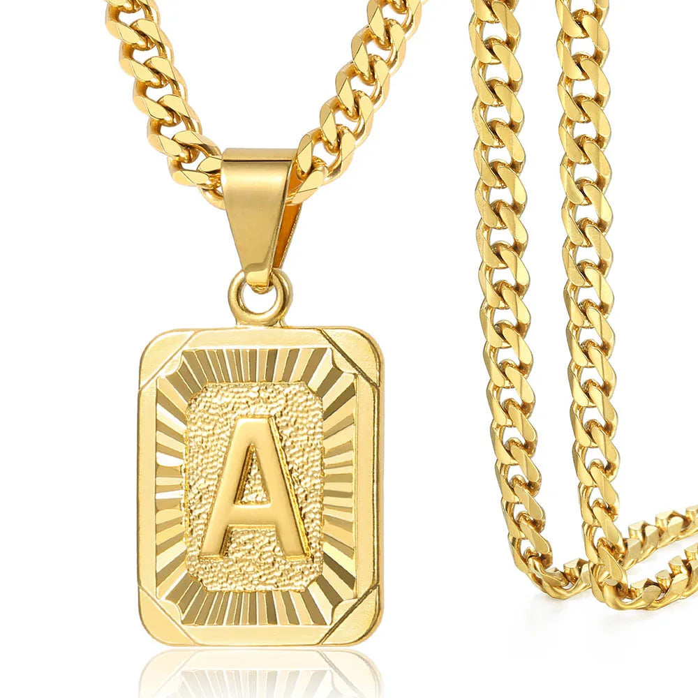 A-Z Pendant Letter Necklace for Men Stainless Steel Curb Cuban Chain