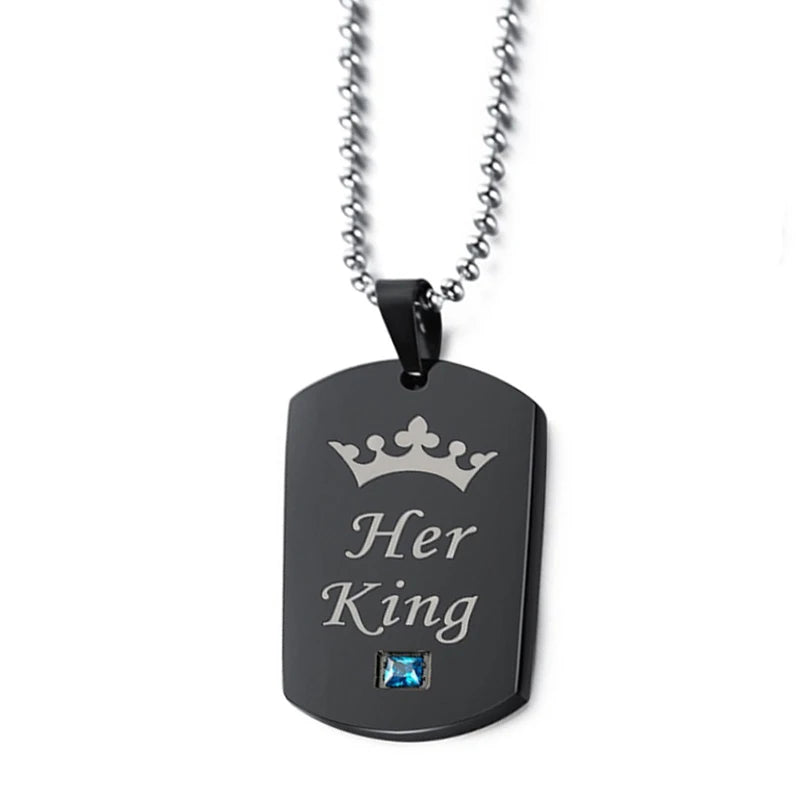 Her King & His Queen Couple Necklaces Lovers Pendant Fashion Crystal Jewelry for Women and Men Gifts