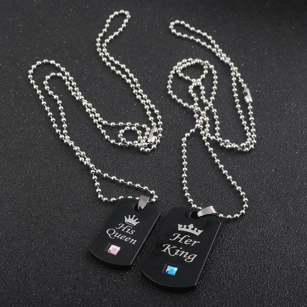 Her King & His Queen Couple Necklaces Lovers Pendant Fashion Crystal Jewelry for Women and Men Gifts