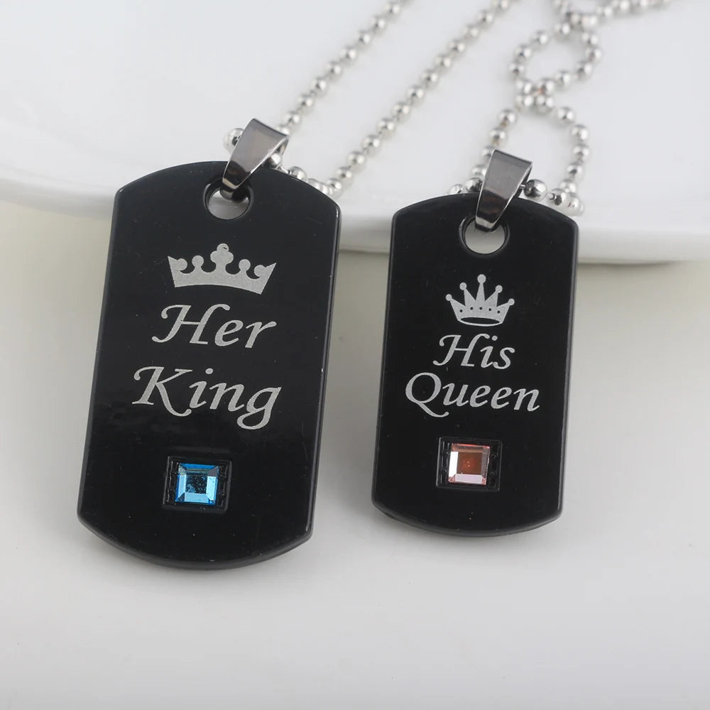 Her King & His Queen Couple Necklaces Lovers Pendant Fashion Crystal Jewelry for Women and Men Gifts