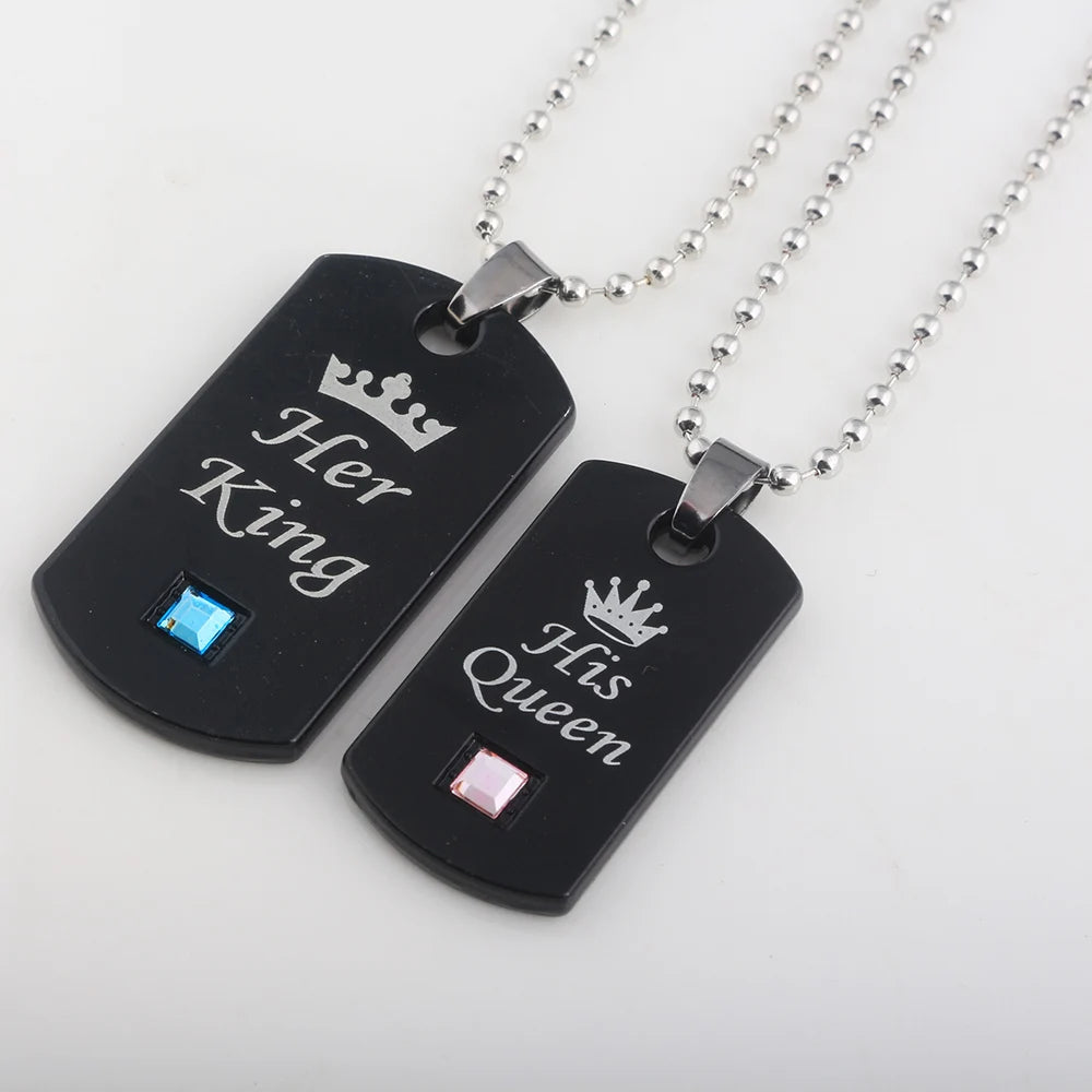 Her King & His Queen Couple Necklaces Lovers Pendant Fashion Crystal Jewelry for Women and Men Gifts