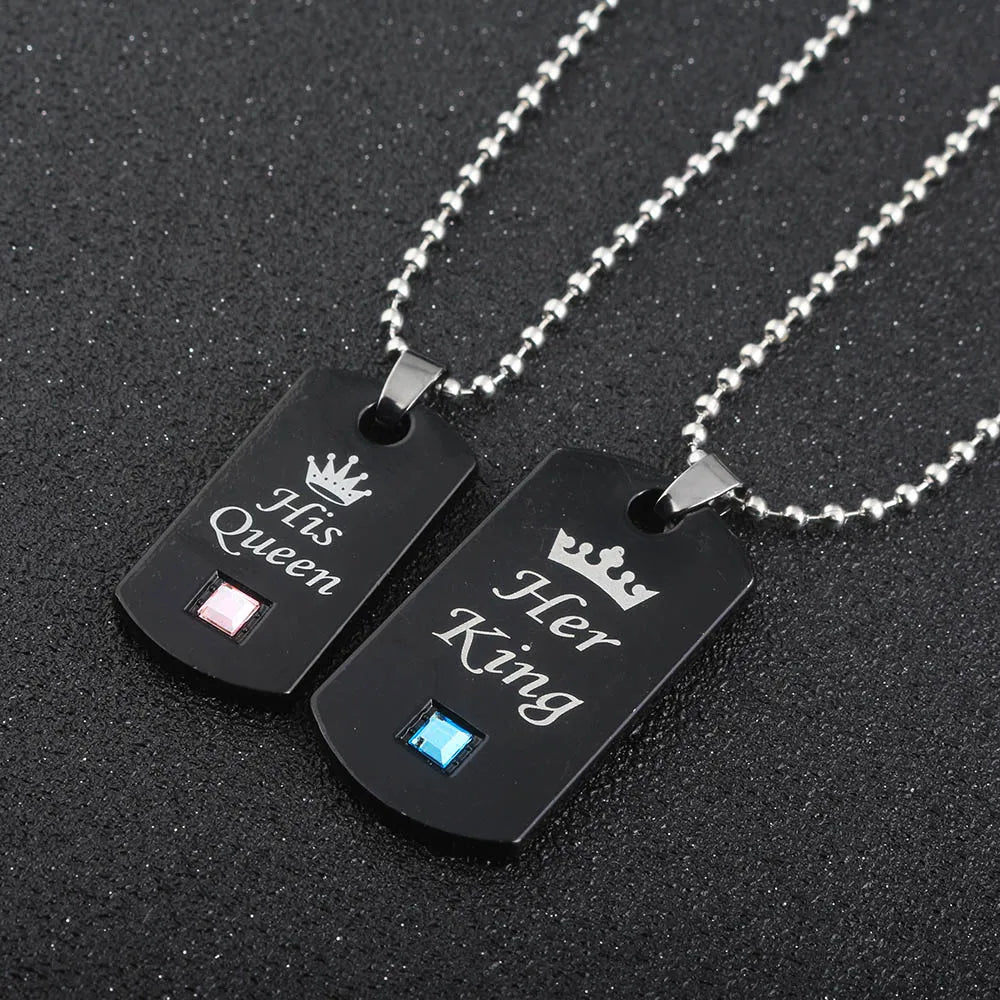 Her King & His Queen Couple Necklaces Lovers Pendant Fashion Crystal Jewelry for Women and Men Gifts
