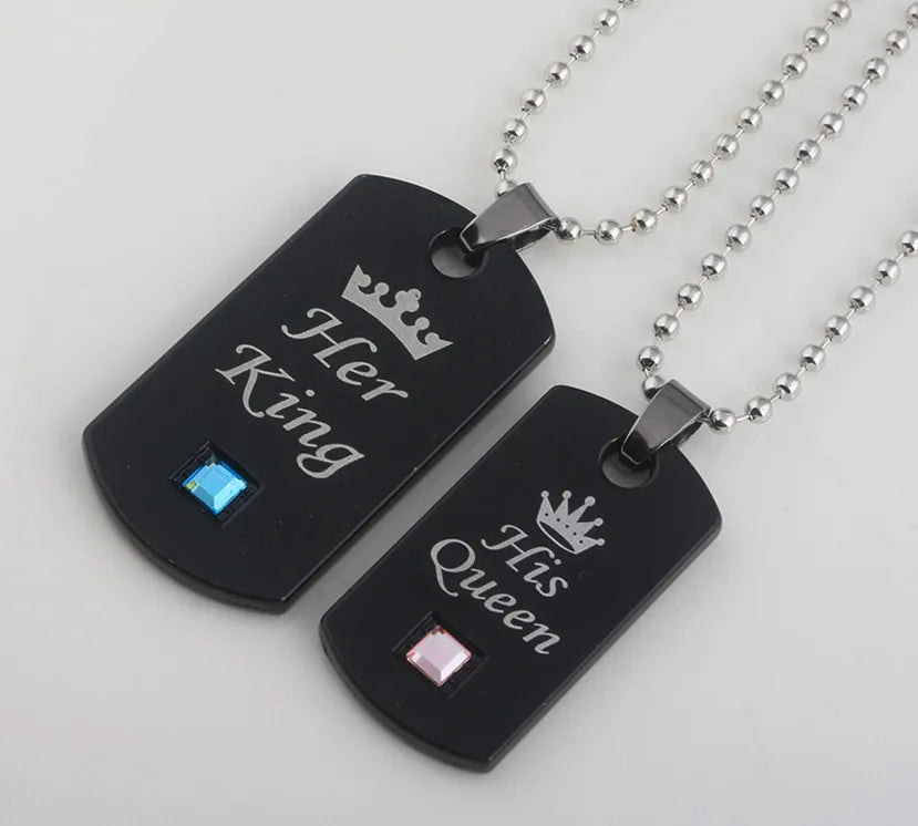 Her King & His Queen Couple Necklaces Lovers Pendant Fashion Crystal Jewelry for Women and Men Gifts