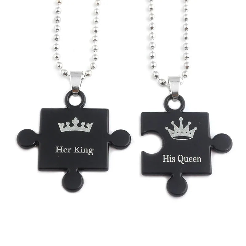 Her King & His Queen Couple Necklaces Lovers Pendant Fashion Crystal Jewelry for Women and Men Gifts