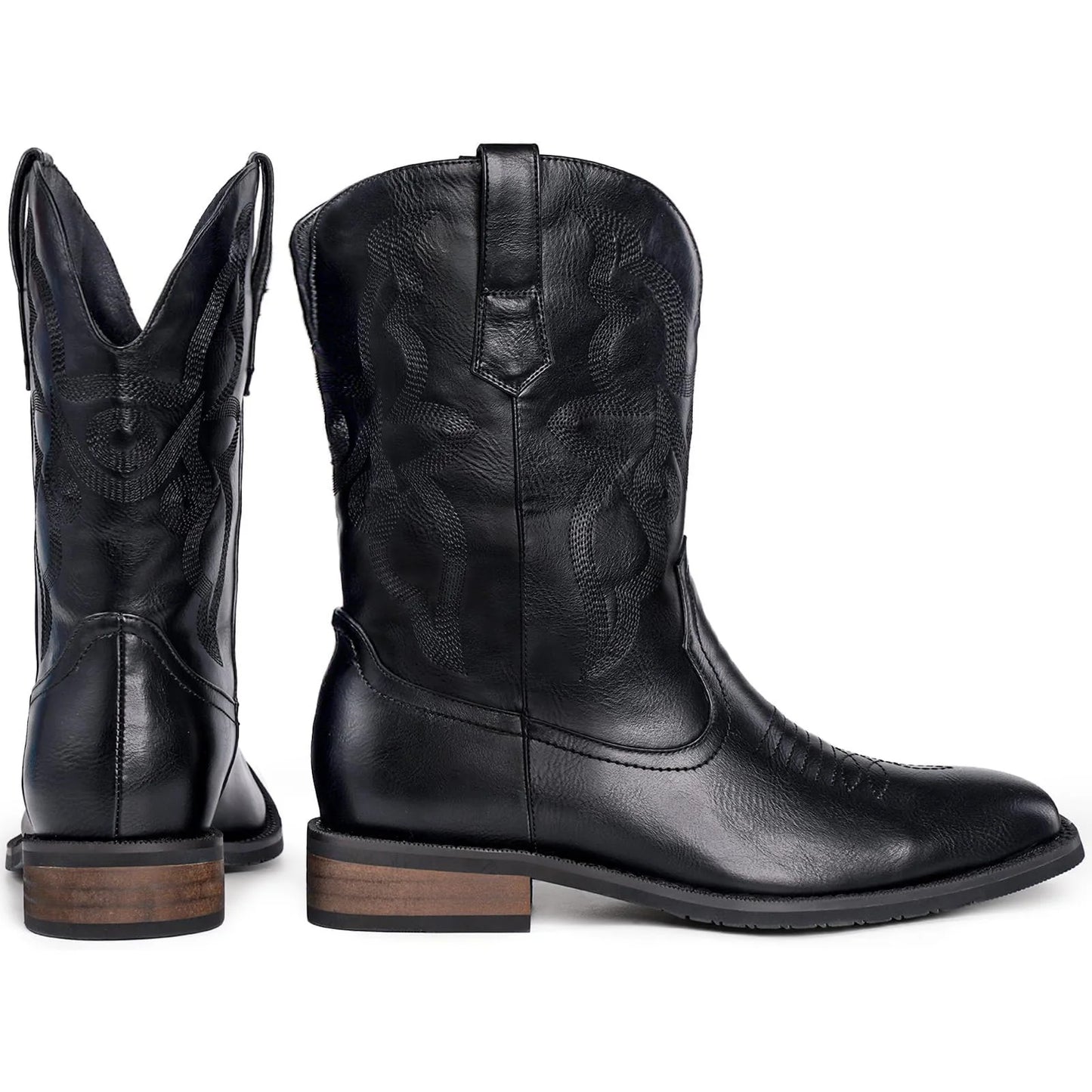 Men's Authentic Western Boots: Black Square Toe with Old West Embroidery