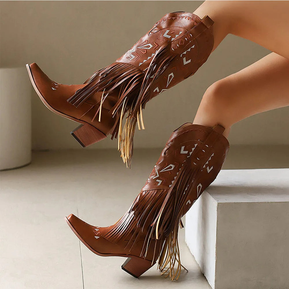 Cowgirl Mid-Calf Women Western Boots  Heel Cowboy Shoes