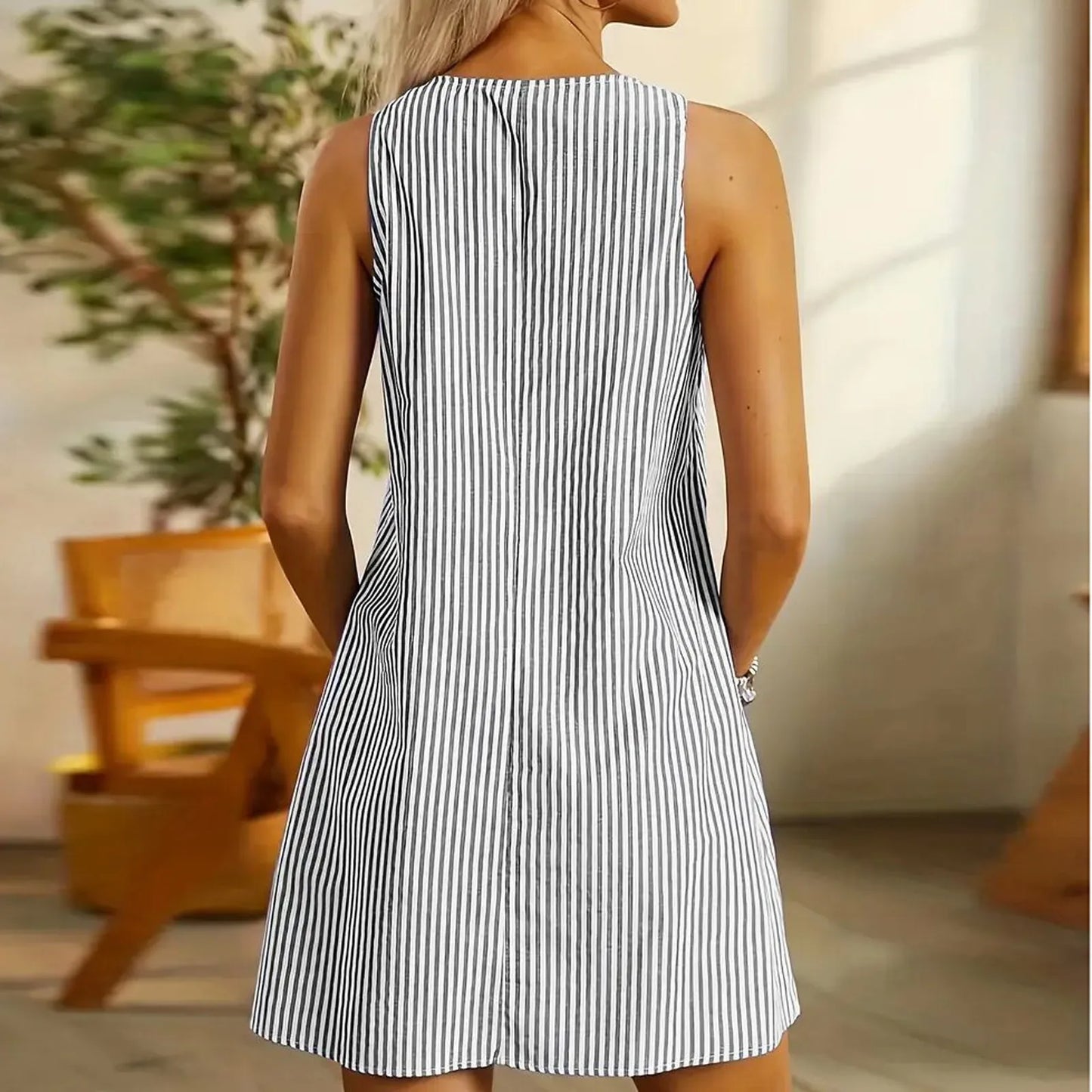 Summer Fashion Stripped Patchwork Commuting U-Neck Sleeveless Pockets