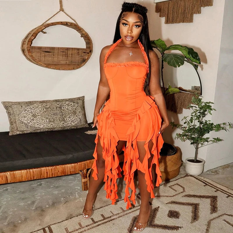 Hugcitar Elegant Halter Solid Ruffles Backless Taseel Sexy Slim