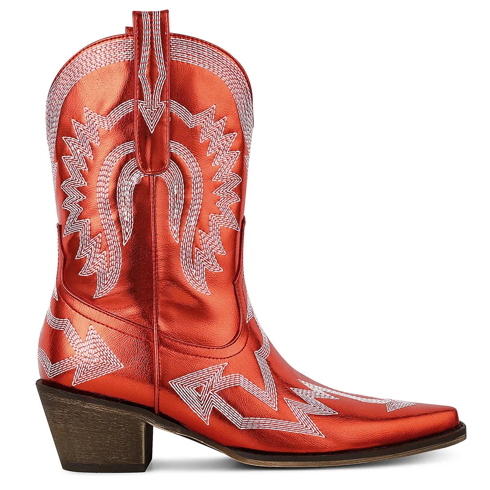 Women's Metallic Cowboy Boots Embroider Pointed