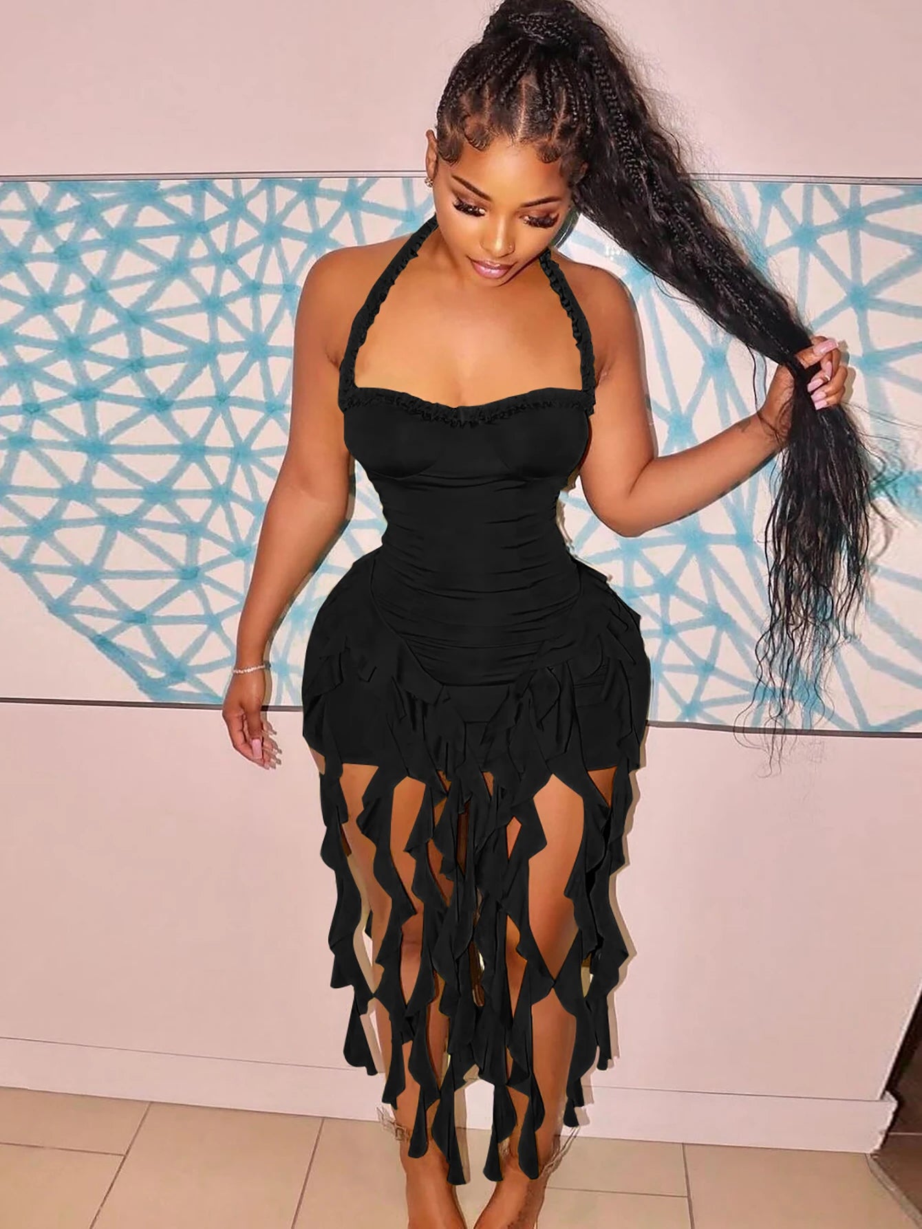 Hugcitar Elegant Halter Solid Ruffles Backless Taseel Sexy Slim