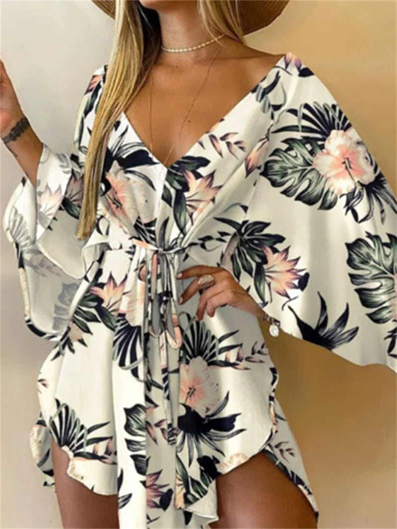Women Print Dress Sexy V-Neck Bat Sleeve