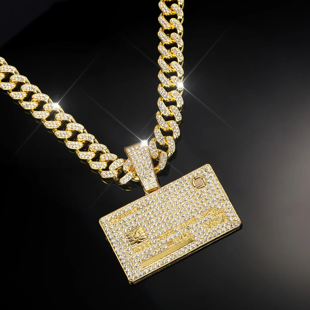 Man's Credit VISA Card Pendant With Zircon Miami Cuban Chain