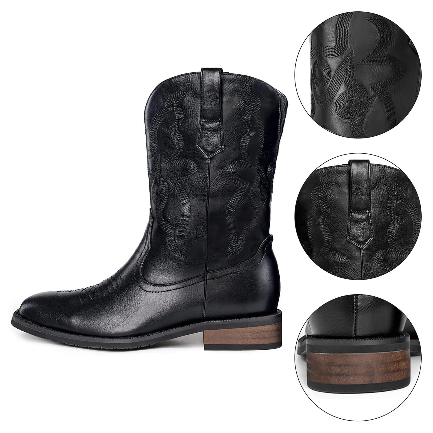Men's Authentic Western Boots: Black Square Toe with Old West Embroidery