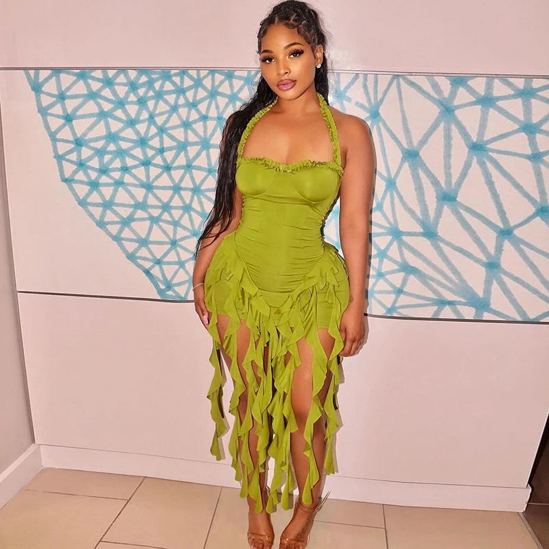 Hugcitar Elegant Halter Solid Ruffles Backless Taseel Sexy Slim