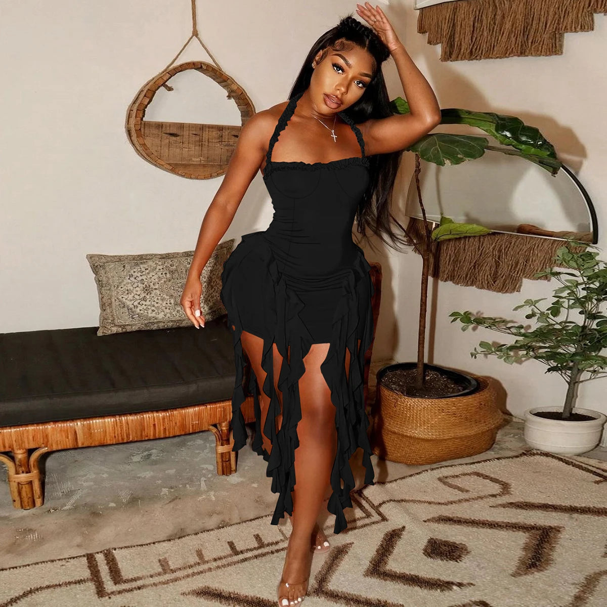 Hugcitar Elegant Halter Solid Ruffles Backless Taseel Sexy Slim