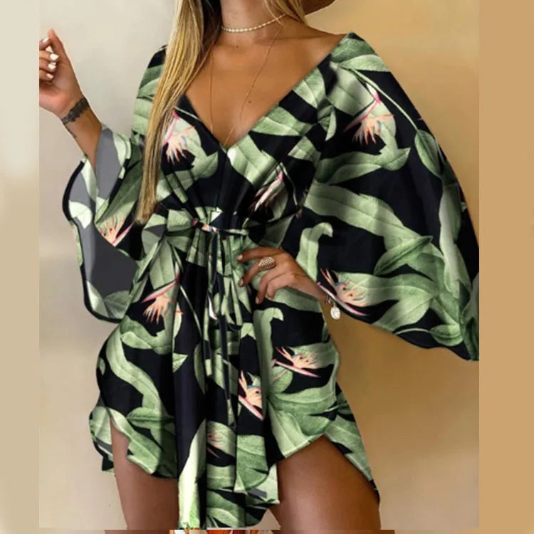 Women Print Dress Sexy V-Neck Bat Sleeve