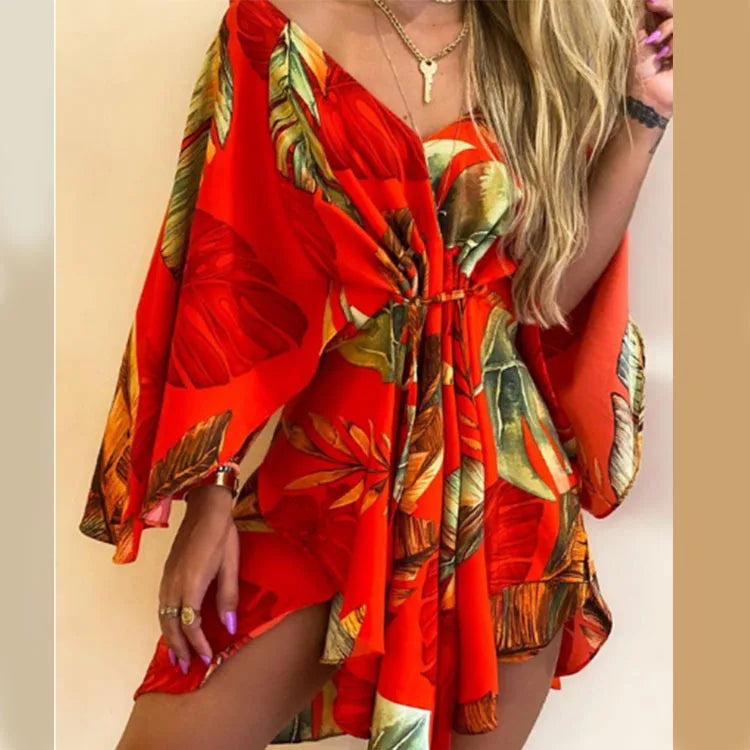 Women Print Dress Sexy V-Neck Bat Sleeve
