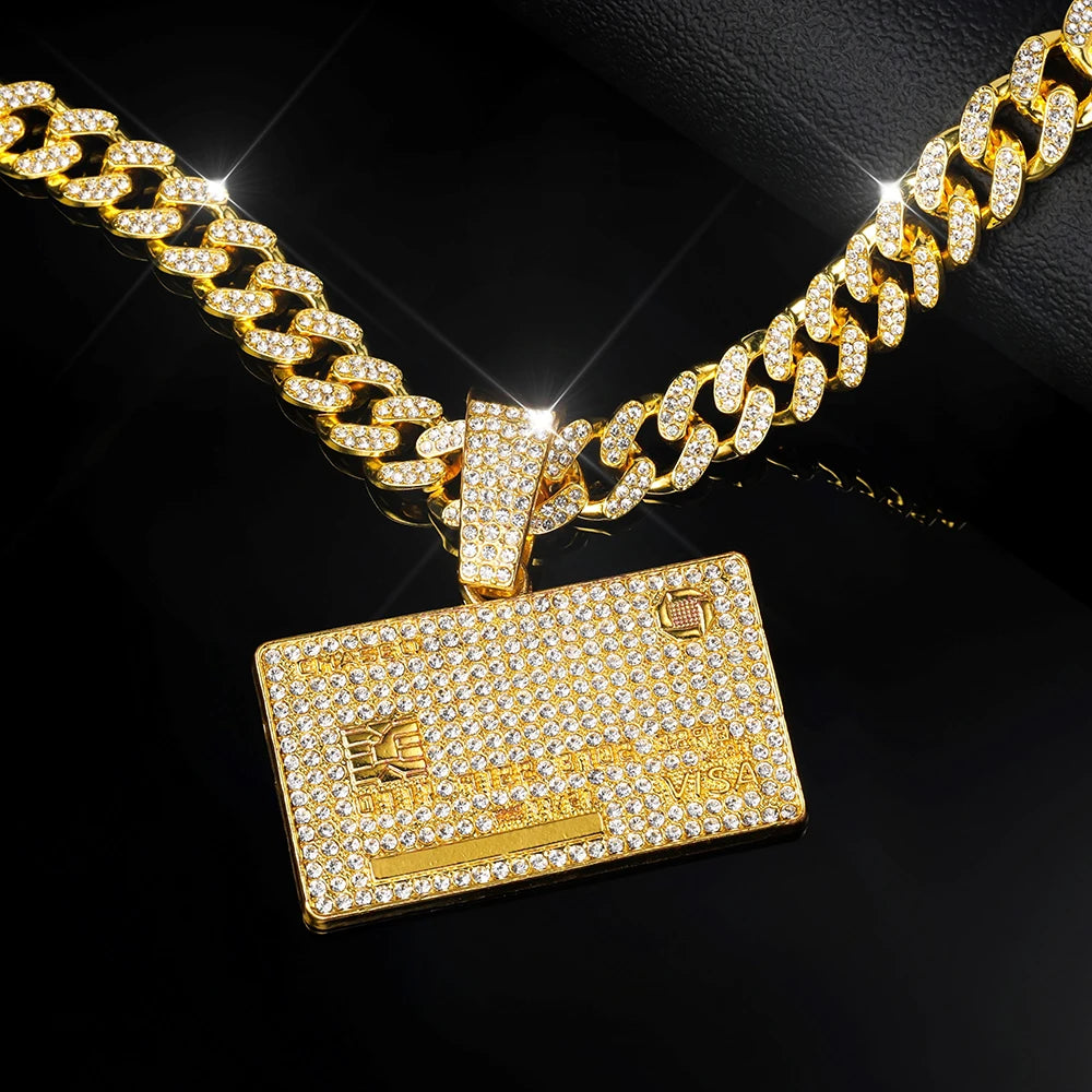 Man's Credit VISA Card Pendant With Zircon Miami Cuban Chain