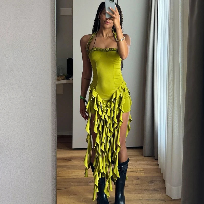 Hugcitar Elegant Halter Solid Ruffles Backless Taseel Sexy Slim