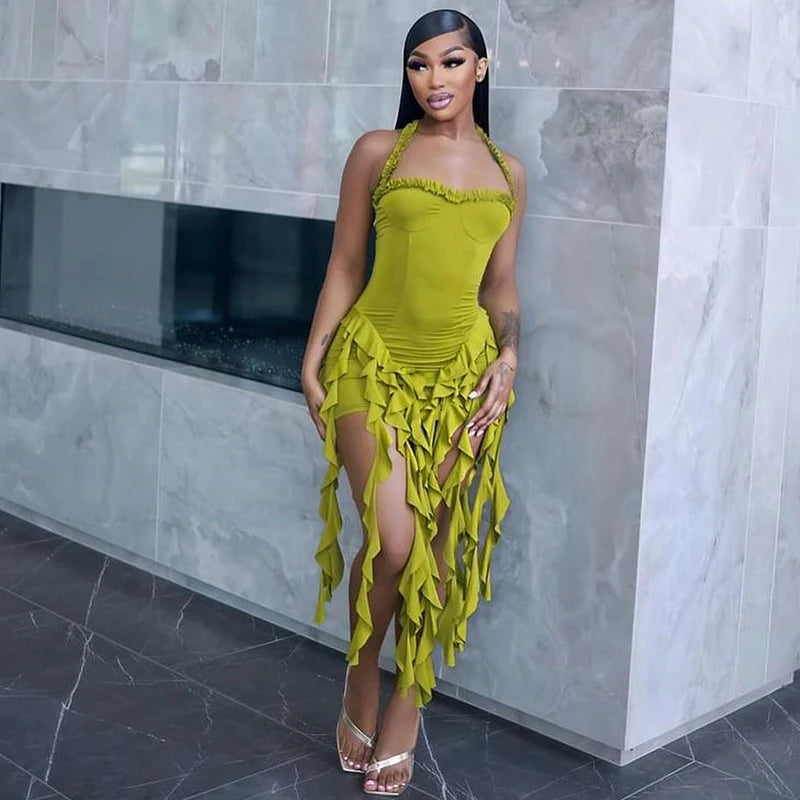 Hugcitar Elegant Halter Solid Ruffles Backless Taseel Sexy Slim