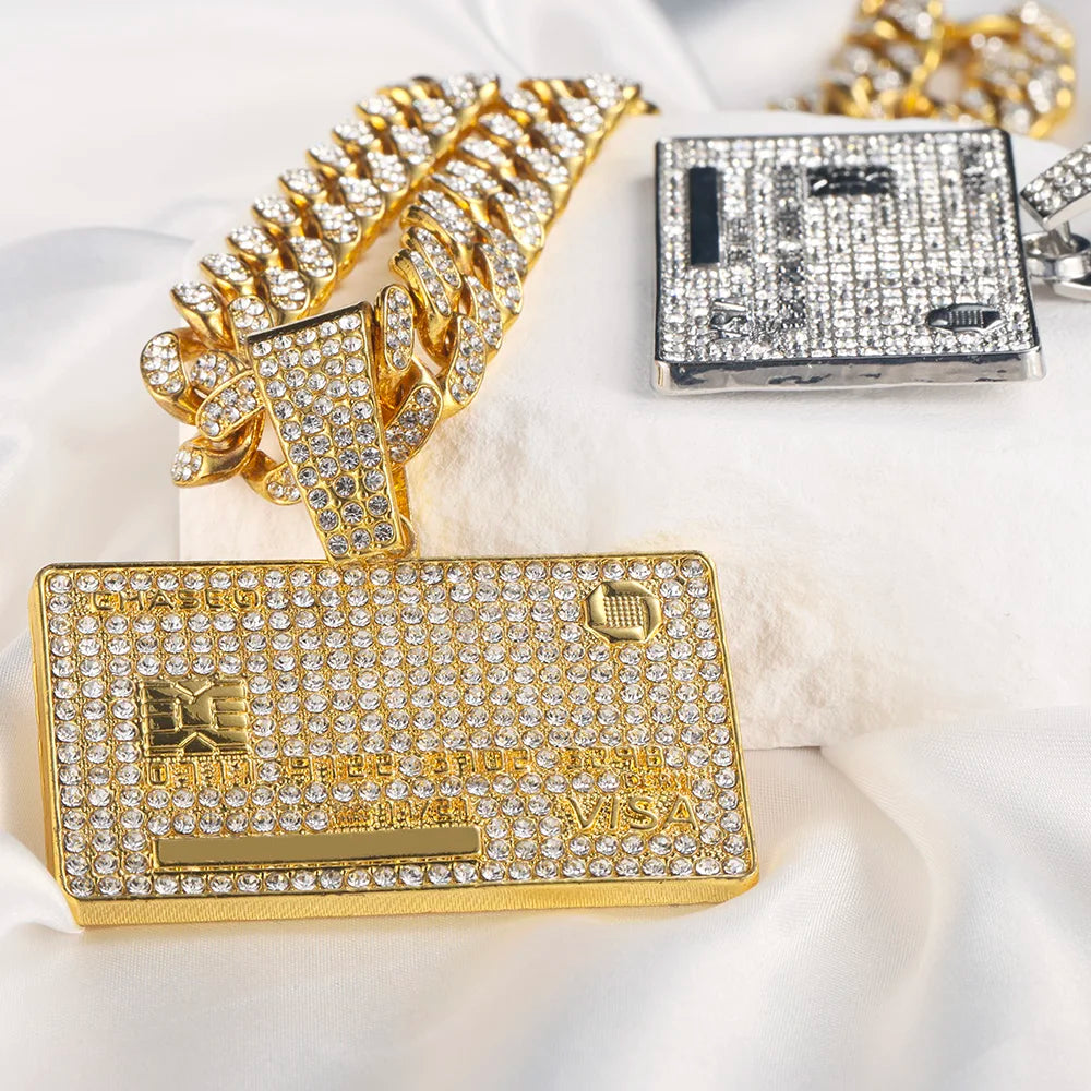 Man's Credit VISA Card Pendant With Zircon Miami Cuban Chain