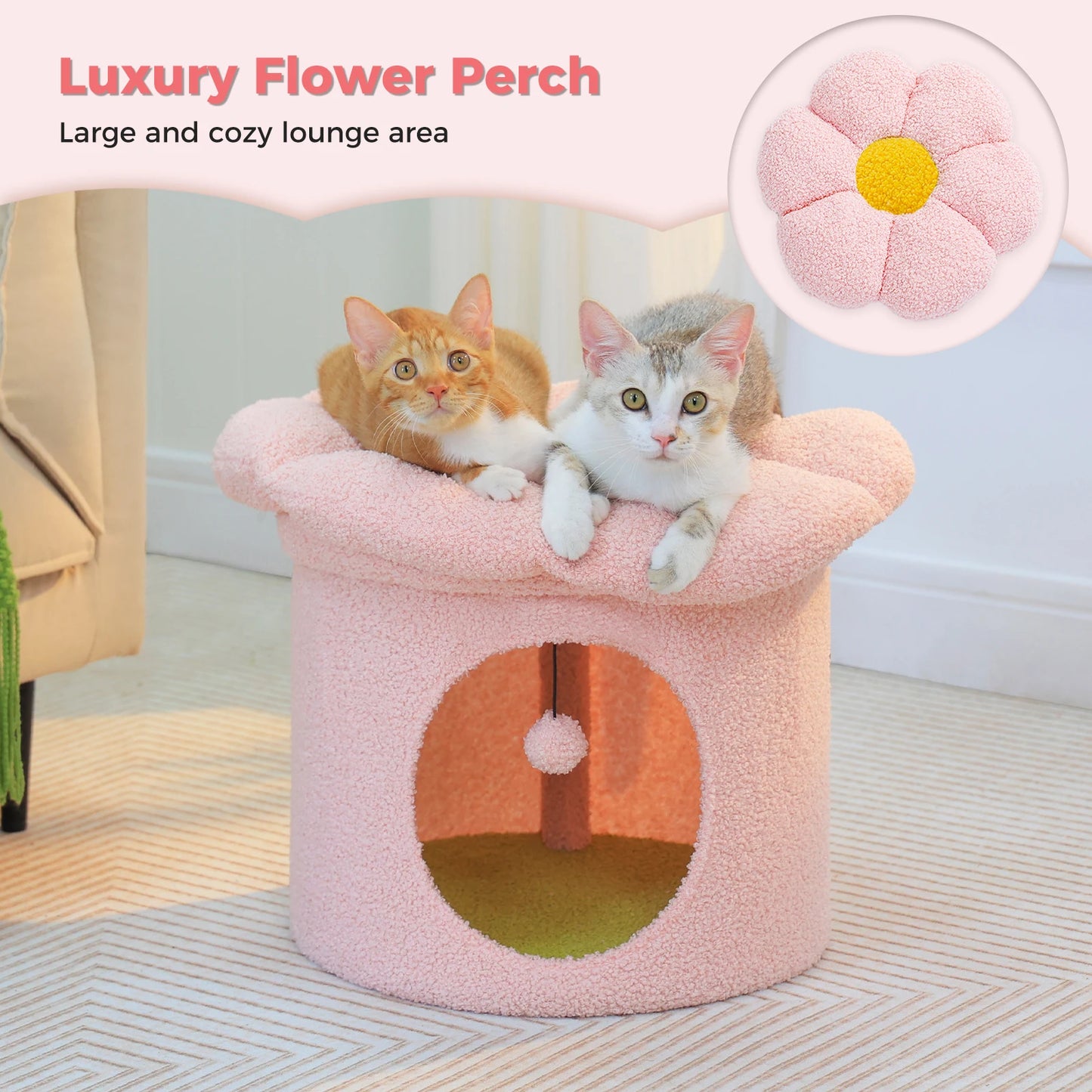 Cat Beds for Indoor Cats, Large Cat House with Removable Flower Cat Bed