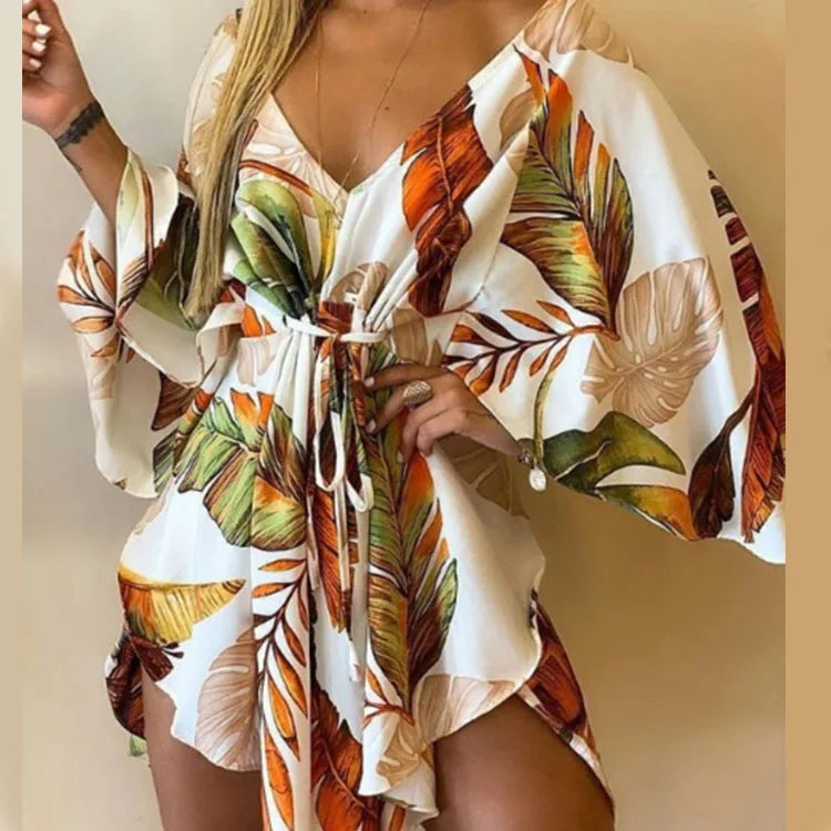 Women Print Dress Sexy V-Neck Bat Sleeve