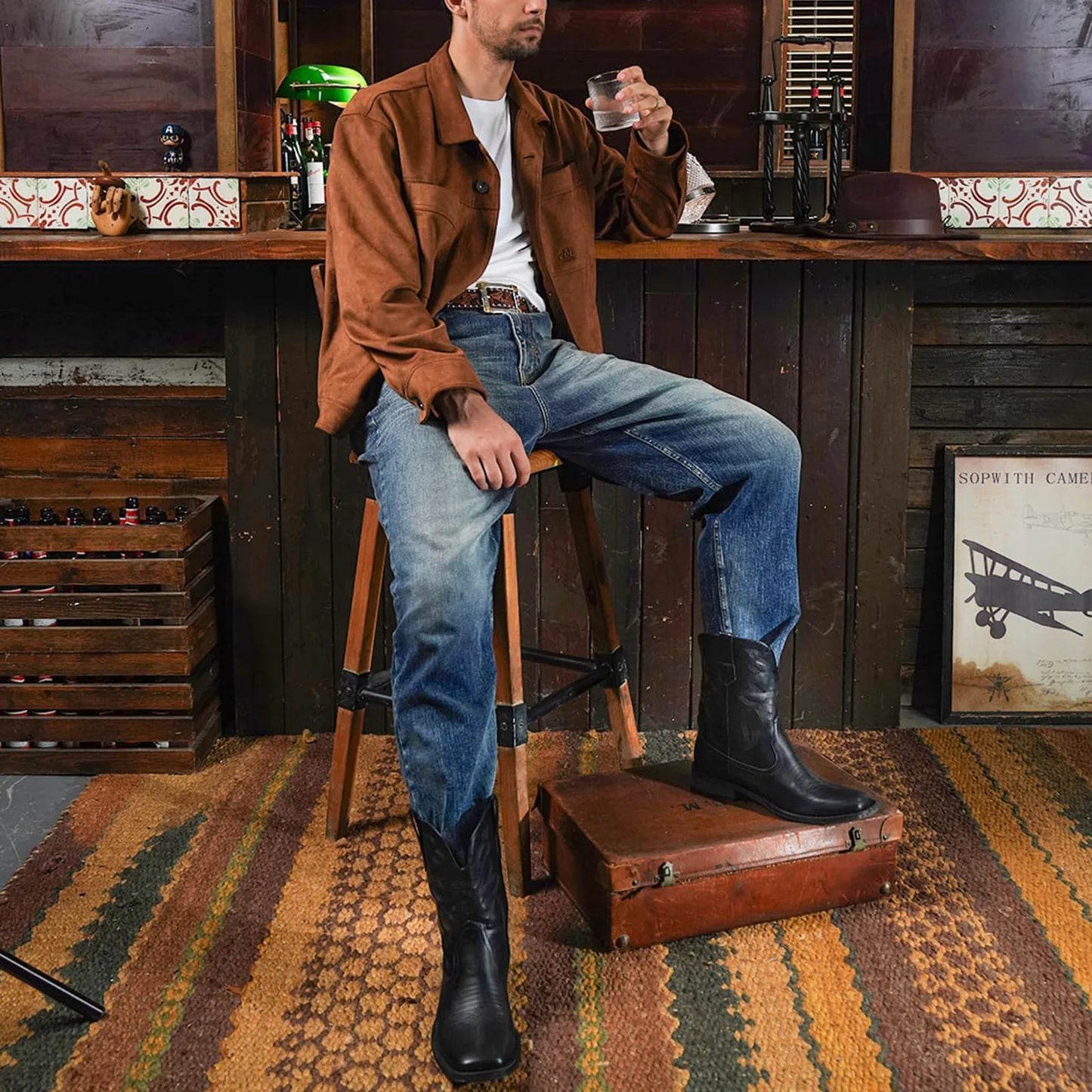 Men's Authentic Western Boots: Black Square Toe with Old West Embroidery