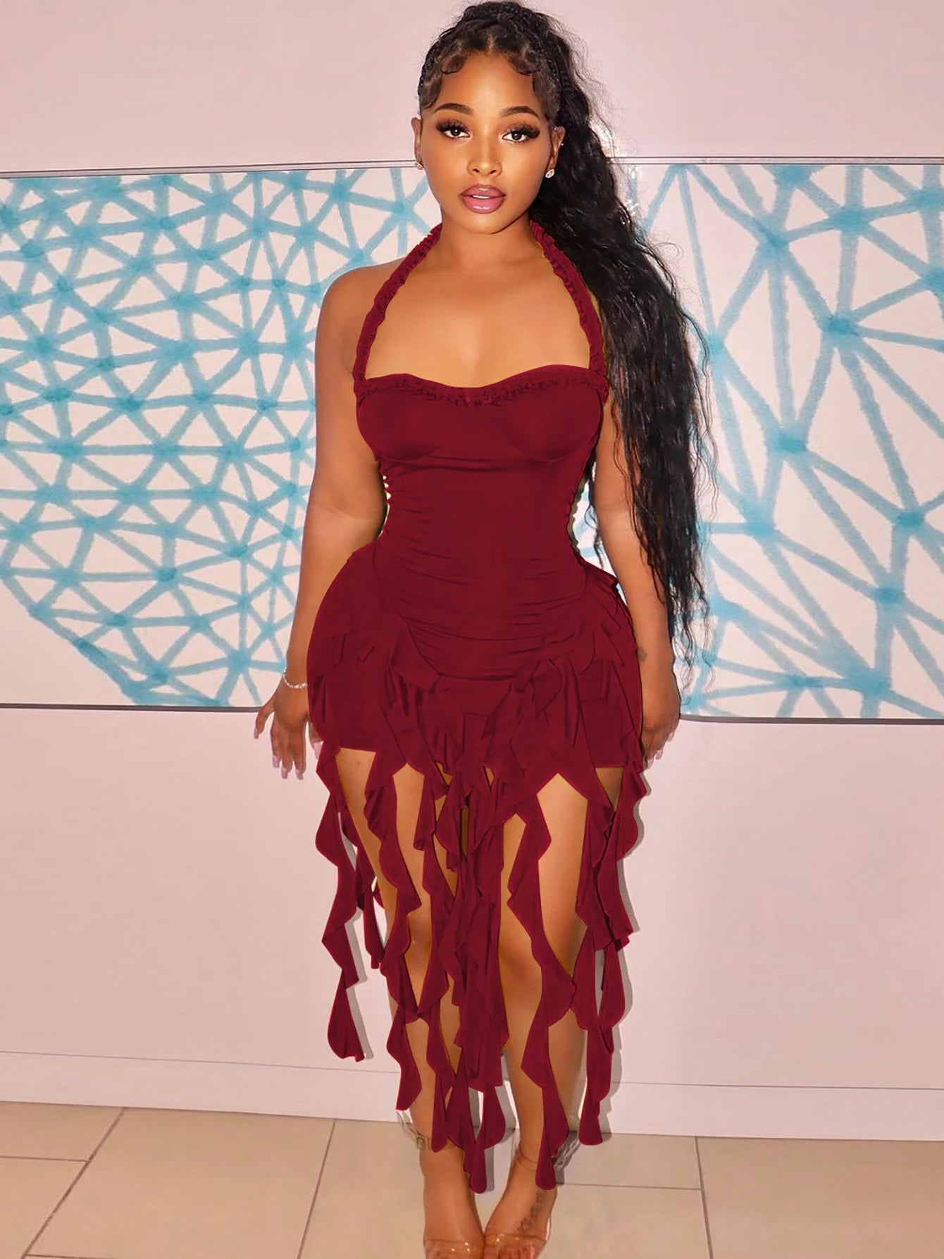 Hugcitar Elegant Halter Solid Ruffles Backless Taseel Sexy Slim