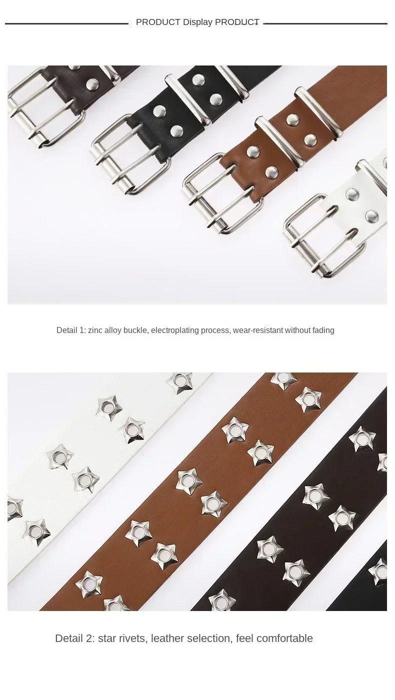 Star Eye Rivet Belt Goth Style Double Pin Buckle Men Woman Fashion Casual
