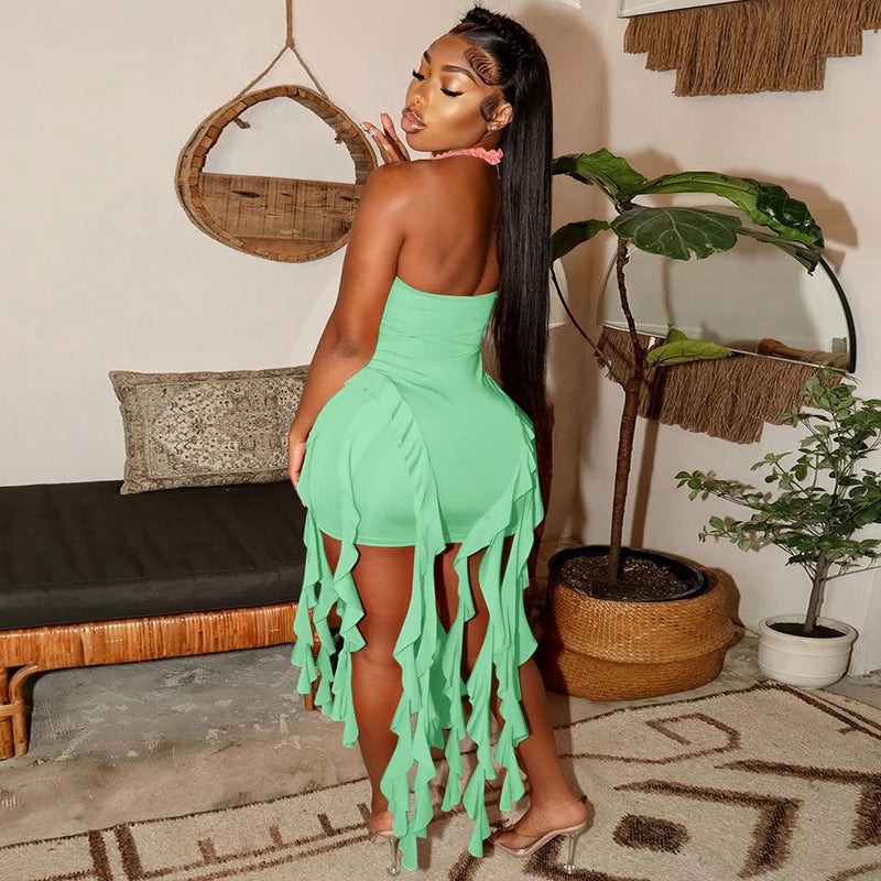 Hugcitar Elegant Halter Solid Ruffles Backless Taseel Sexy Slim