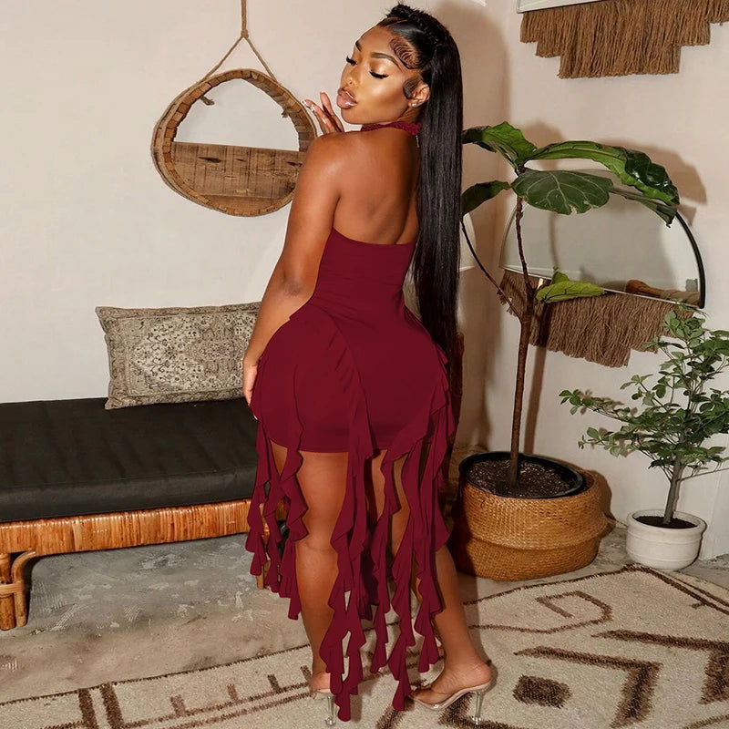 Hugcitar Elegant Halter Solid Ruffles Backless Taseel Sexy Slim