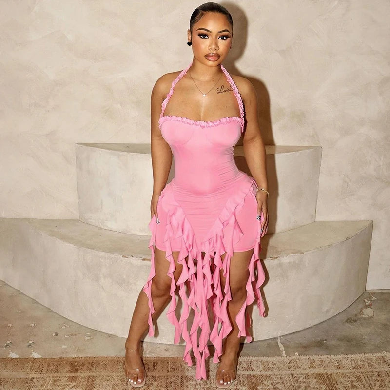 Hugcitar Elegant Halter Solid Ruffles Backless Taseel Sexy Slim