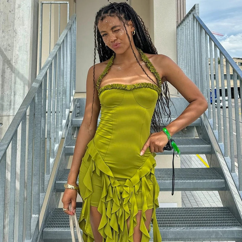 Hugcitar Elegant Halter Solid Ruffles Backless Taseel Sexy Slim