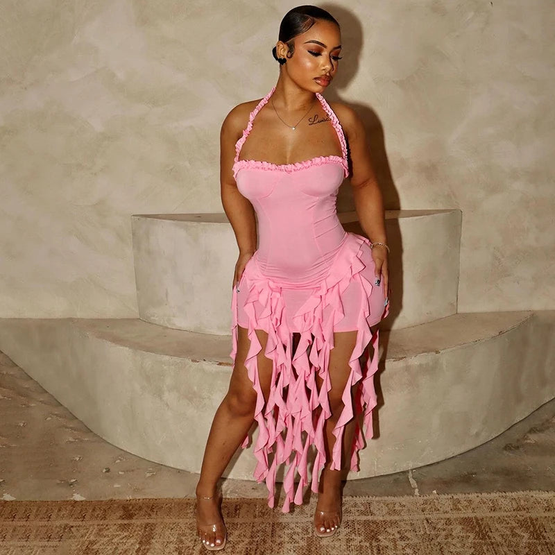 Hugcitar Elegant Halter Solid Ruffles Backless Taseel Sexy Slim