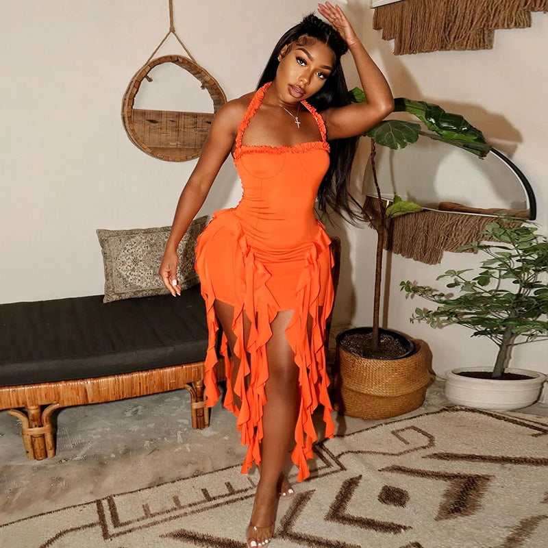 Hugcitar Elegant Halter Solid Ruffles Backless Taseel Sexy Slim