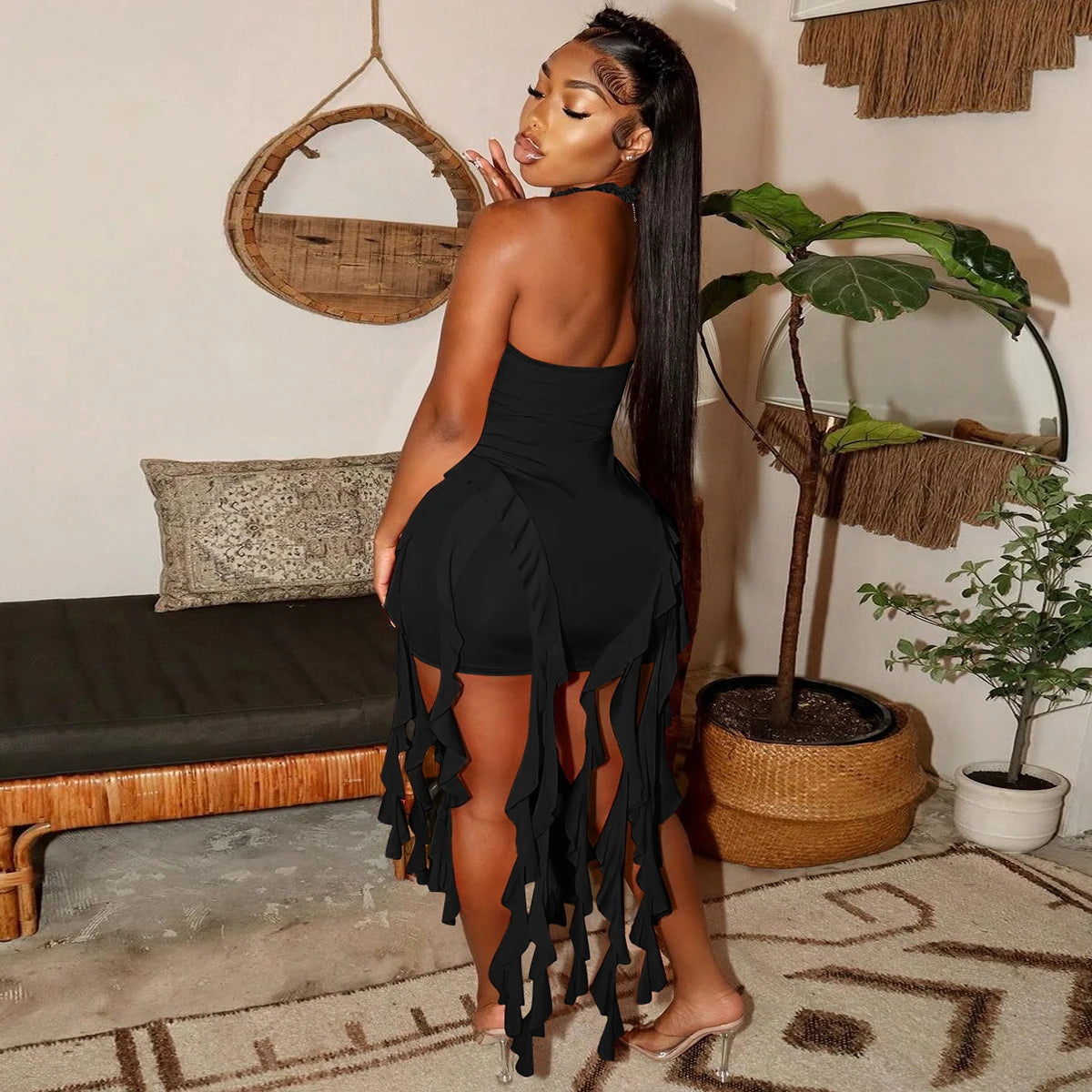 Hugcitar Elegant Halter Solid Ruffles Backless Taseel Sexy Slim