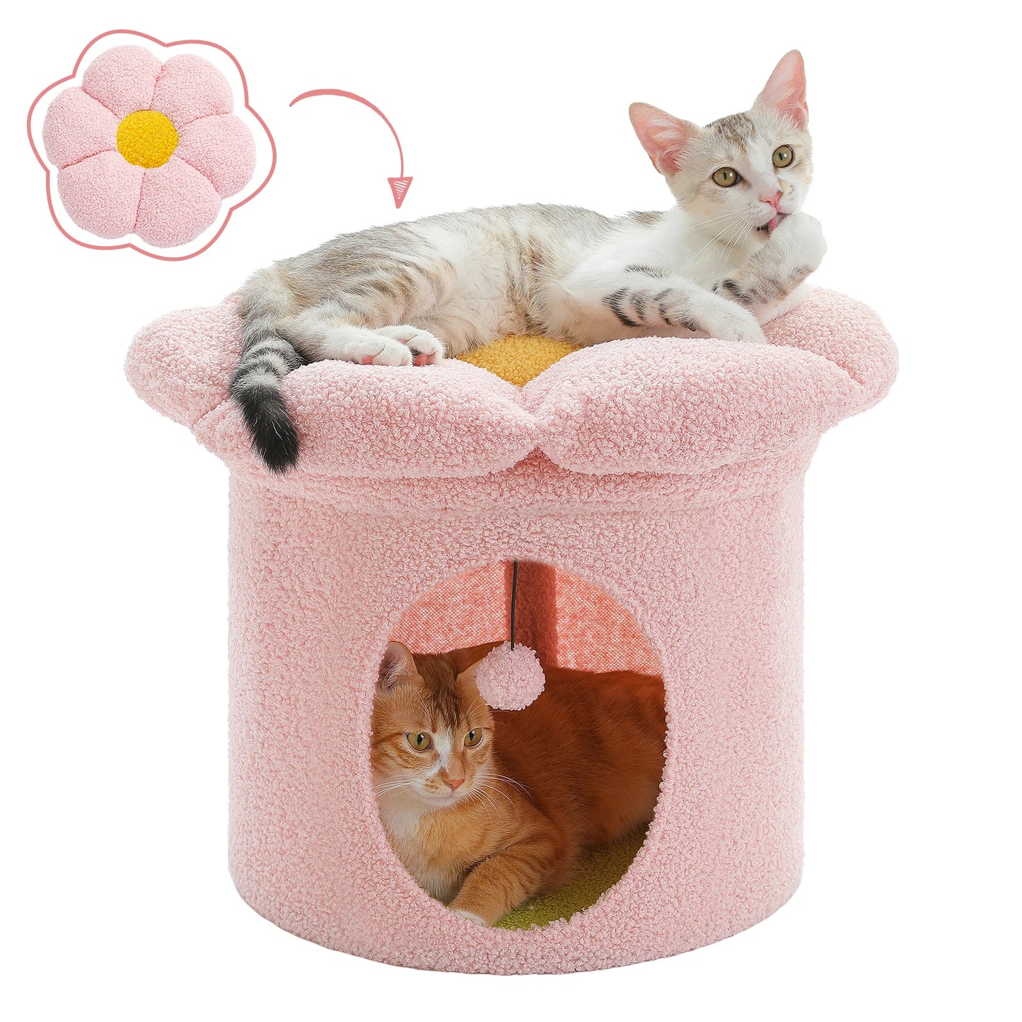Cat Beds for Indoor Cats, Large Cat House with Removable Flower Cat Bed