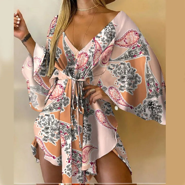 Women Print Dress Sexy V-Neck Bat Sleeve