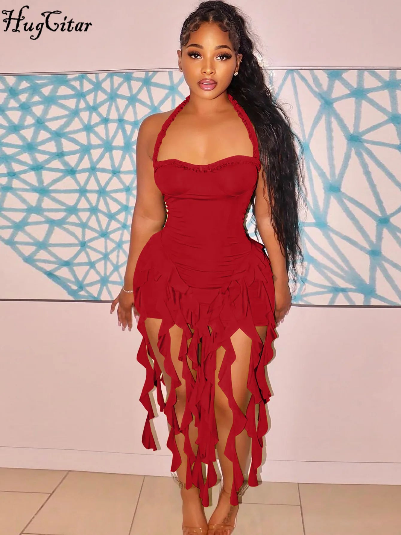 Hugcitar Elegant Halter Solid Ruffles Backless Taseel Sexy Slim