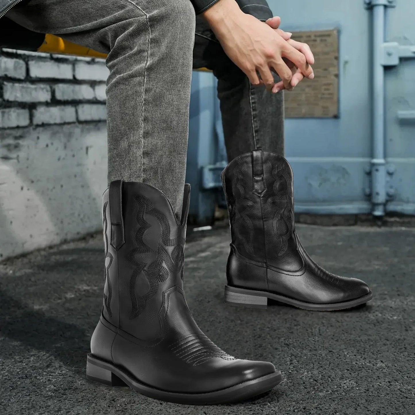 Men's Authentic Western Boots: Black Square Toe with Old West Embroidery
