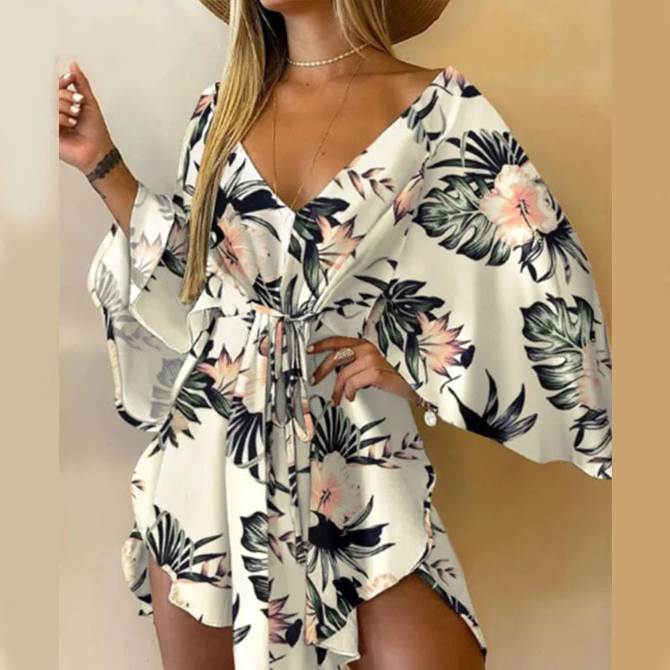 Women Print Dress Sexy V-Neck Bat Sleeve