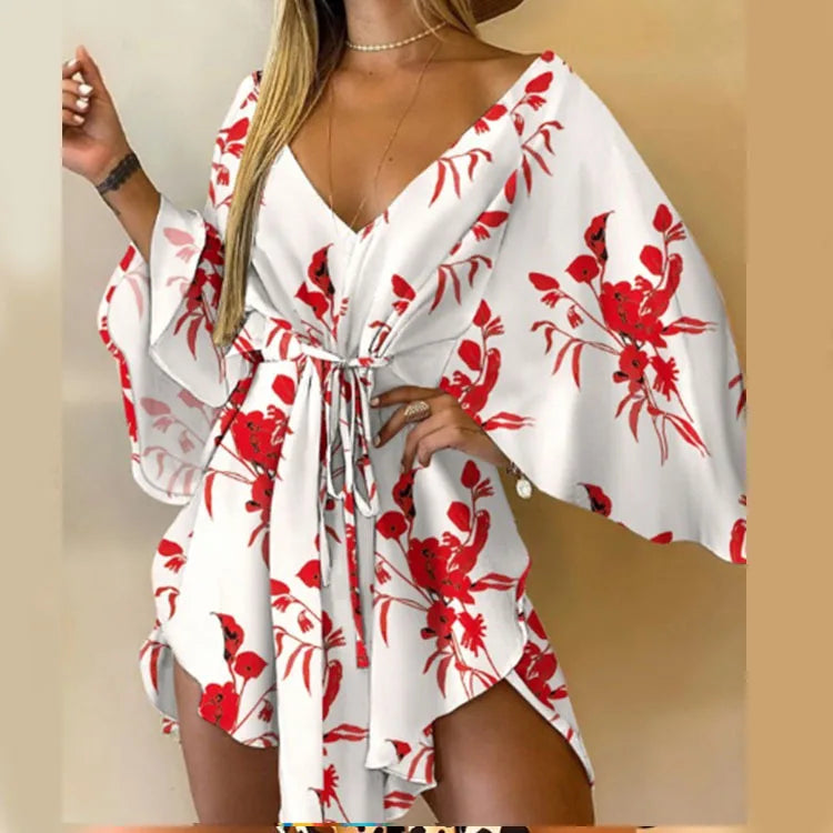 Women Print Dress Sexy V-Neck Bat Sleeve