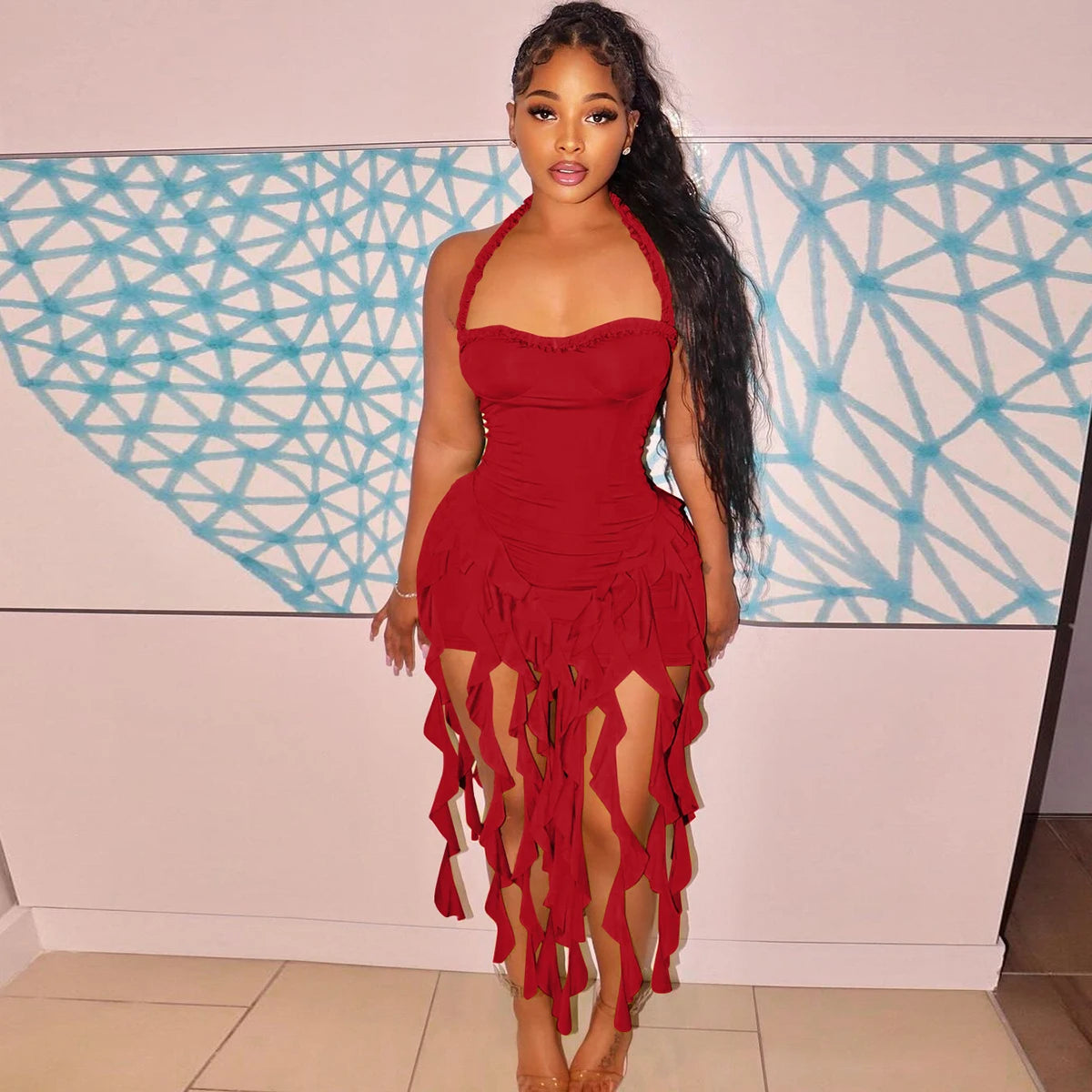 Hugcitar Elegant Halter Solid Ruffles Backless Taseel Sexy Slim