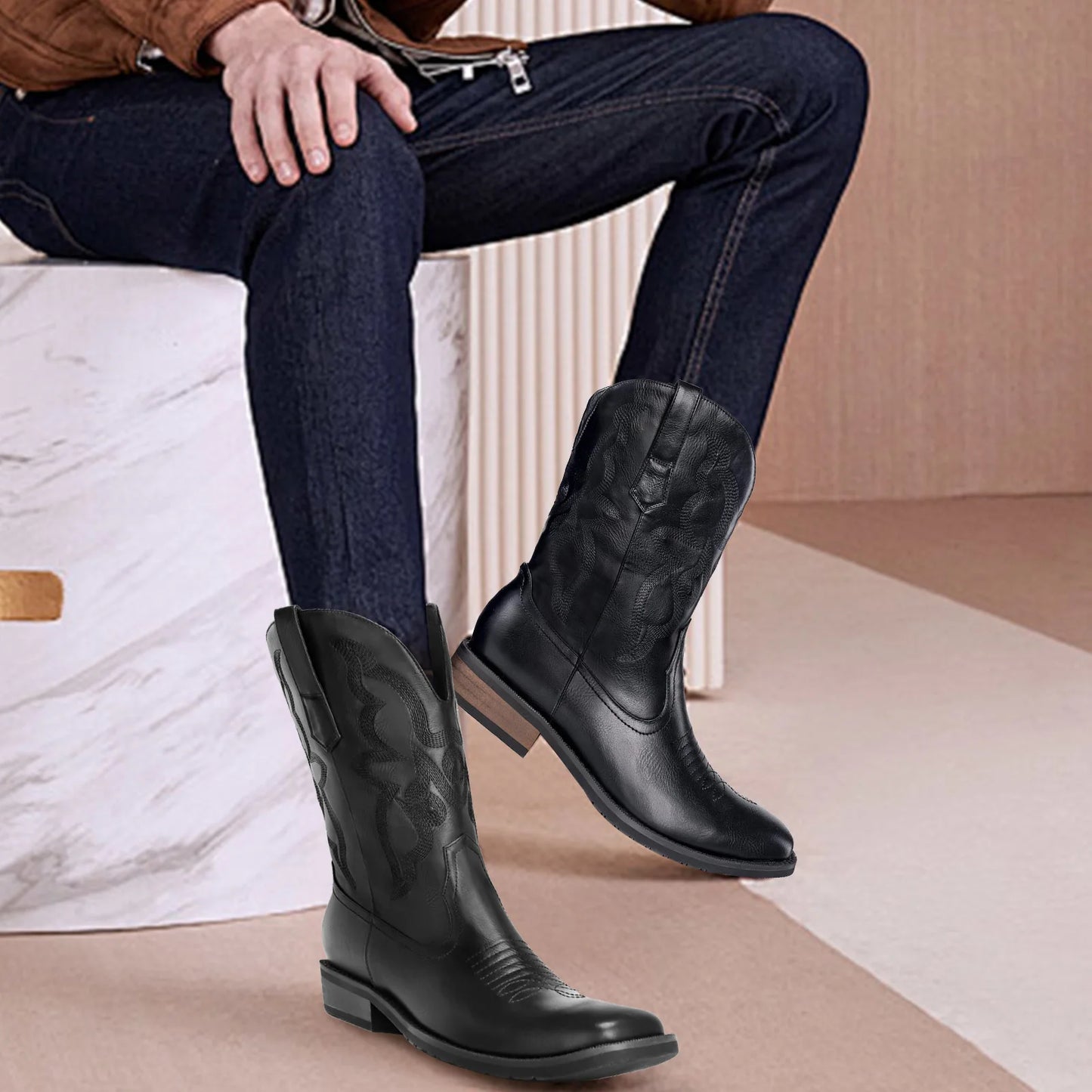 Men's Authentic Western Boots: Black Square Toe with Old West Embroidery