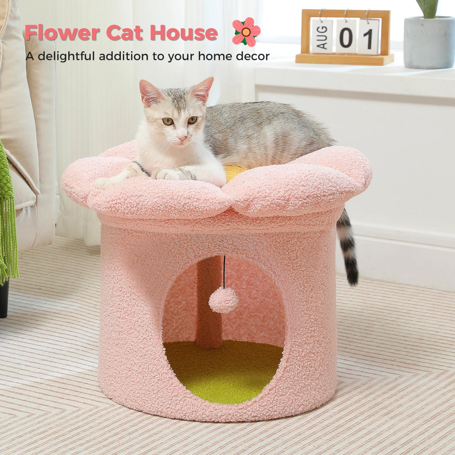 Cat Beds for Indoor Cats, Large Cat House with Removable Flower Cat Bed