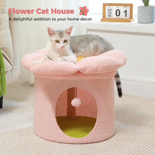 Cat Beds for Indoor Cats, Large Cat House with Removable Flower Cat Bed