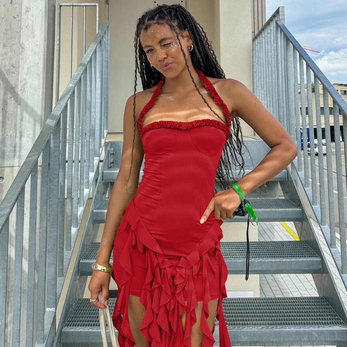 Hugcitar Elegant Halter Solid Ruffles Backless Taseel Sexy Slim