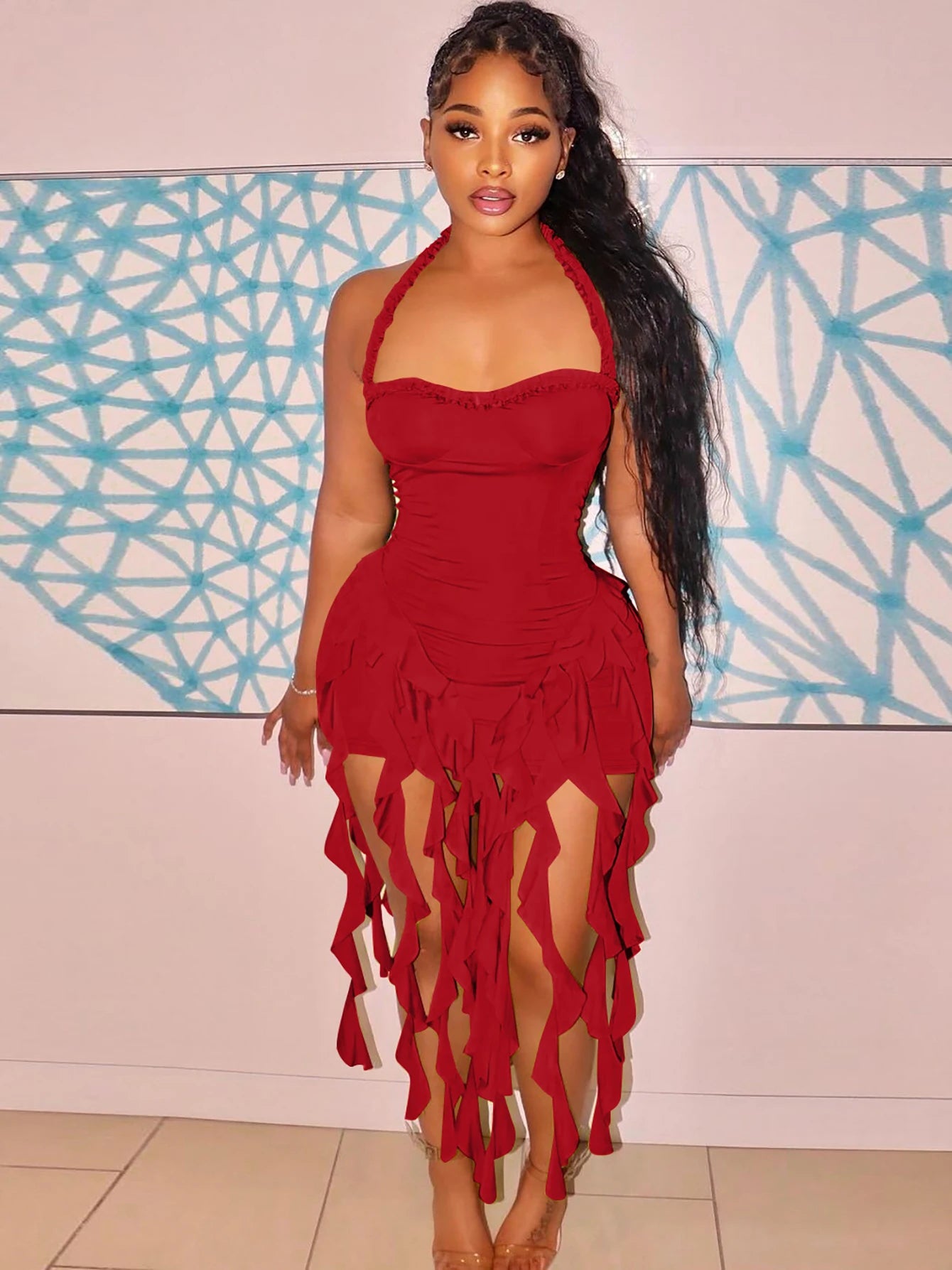 Hugcitar Elegant Halter Solid Ruffles Backless Taseel Sexy Slim